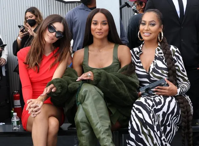 From left to right, Emily Ratajkowski, Ciara and La La Anthony sit front row while attending the DUNDAS x REVOLVE New York Fashion Week Show in Manhattan, New York City, U.S., September 8, 2021. (Photo by Caitlin Ochs/Reuters)