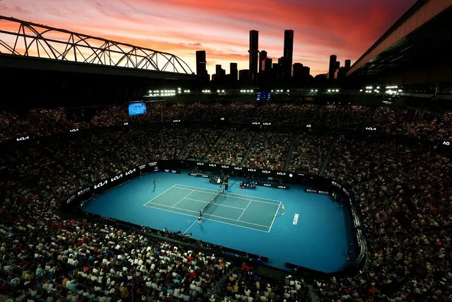 General view during the first round match between Serbia's Novak Djokovic and Croatia's Dino Prizmic as the Melbourne skyline is seen in the background at the Australian Open, Melbourne Park, Melbourne, Australia on January 14, 2024. (Photo by Edgar Su/Reuters)