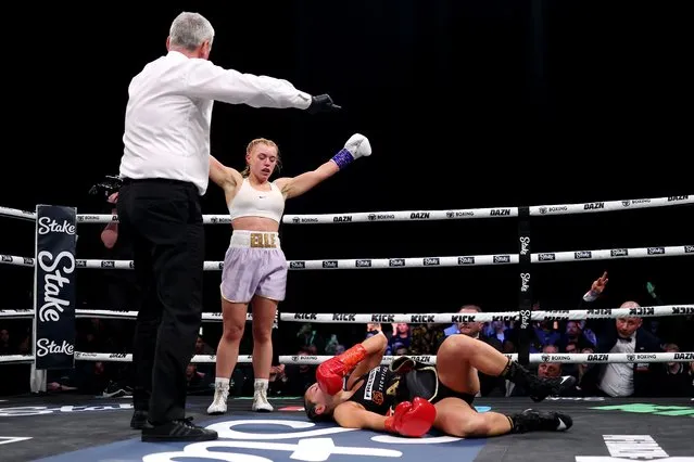 Elle Brooke reacts after knocking down Andrea Jane (AJ) Bunker during the Misfits Boxing Female Middleweight title fight between Andrea Jane (AJ) Bunker and Elle Brooke at First Direct Arena on January 20, 2024 in Leeds, England. (Photo by George Wood/Getty Images)