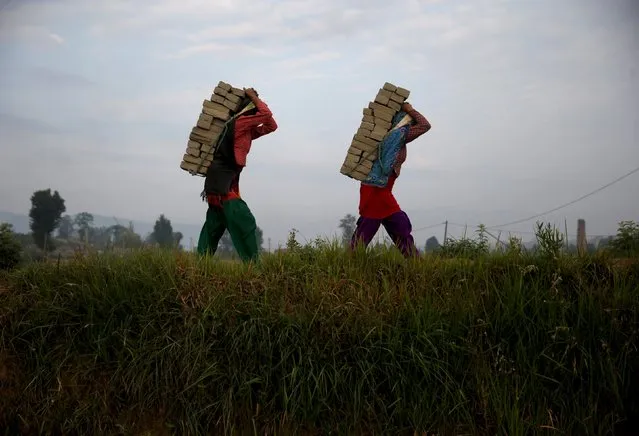 Women carry bricks on their back as they work at a brick factory in Bhaktapur, Nepal, May 17, 2015. (Photo by Ahmad Masood/Reuters)