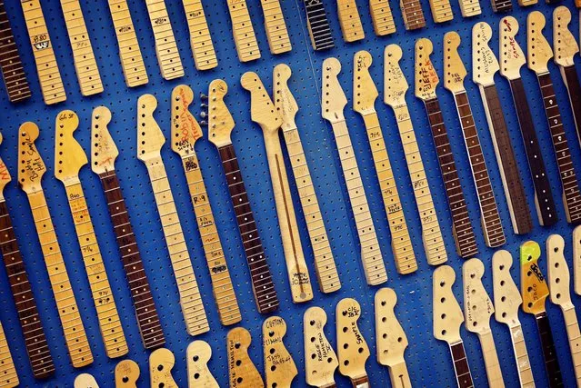 This Tuesday, October 15, 2013 photo shows Fender Stratocaster electric guitar neck templates at the Fender factory in Corona, Calif. Celebrating 60 years in 2014, countless musicians continue to use the instrument to make all genres of music globally. (Photo by Matt York/AP Photo)