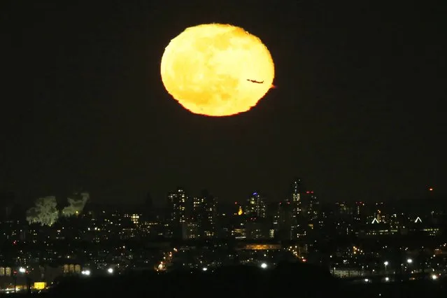 A plane flies in front of the moon as it rises in its waning gibbous phase over New York City seen from Eagle Rock Reservation in West Orange, N.J, Wednesday, April 16, 2014. Residents of the northern New Jersey region were unable to see a lunar eclipse two days earlier because of inclement weather. (Photo by Julio Cortez/AP Photo)
