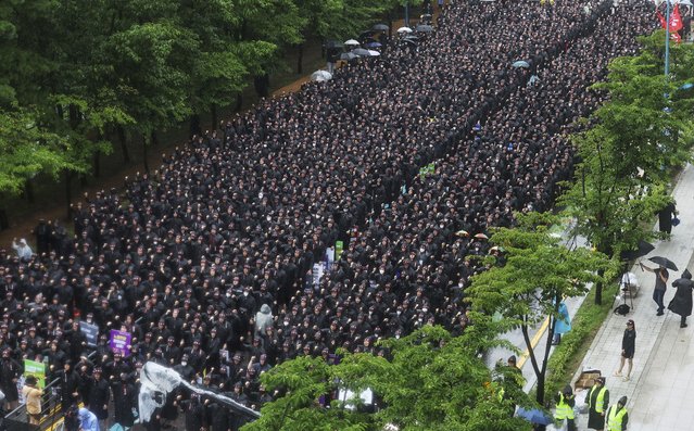 Members of the National Samsung Electronics Union gather during a rally as they began a three-day general strike outside of Samsung Electronics' Hwaseong campus in Hwaseong, South Korea, Monday, July 8, 2024. (Photo by Hong Ki-won/Yonhap via AP Photo)