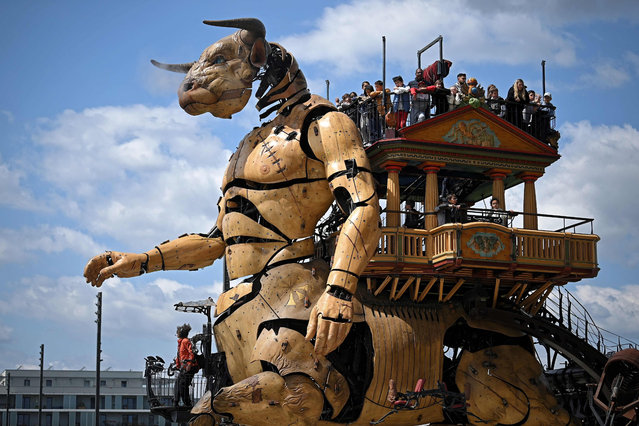 Asterion, a minotaur weighing 47 tons and 13 meters high made by “La Machine” street theatre company, moves through the Montaudran district in Toulouse, southwestern France, guided by a team of machinists on May 17, 2023. Founded in 1999 the company was born from the collaboration of artists, technicians and show decorators and is known for its theatrical machines, permanent installations, and theatrical productions. (Photo by Valentine Chapuis/AFP Photo)