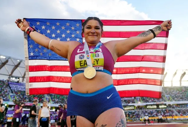 Chase Ealey of United States celebrates after winning gold in the Womenâs Shot Put Final during the 18th edition of the World Athletics Championships at Hayward Field in Eugene, Oregon, United States on July 16, 2022. (Photo by Aleksandra Szmigiel/Reuters)