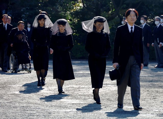 Japan's Crown Prince Akishino and Crown Princess Kiko walk, followed by Princess Aiko and Princess Kako, to attend a funeral service for Princess Mikasa at Toshimagaoka cemetery in Tokyo, Japan, on 26 November 2024. (Photo by Franck Robichon/Pool via Reuters)