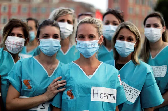 French health workers attend a protest in Nice as part of a nationwide day of actions to urge the French government to improve wages and invest in public hospitals, in the wake of the coronavirus disease (COVID-19) crisis in France, June 30, 2020. (Photo by Eric Gaillard/Reuters)