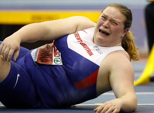 Sophie McKinna of Great Britain reacts in the womens shot put final during day two of the SPAR British Athletics Indoor Championships at Arena Birmingham on February 18, 2018 in Birmingham, England. (Photo by Martin Rickett/PA Wire)