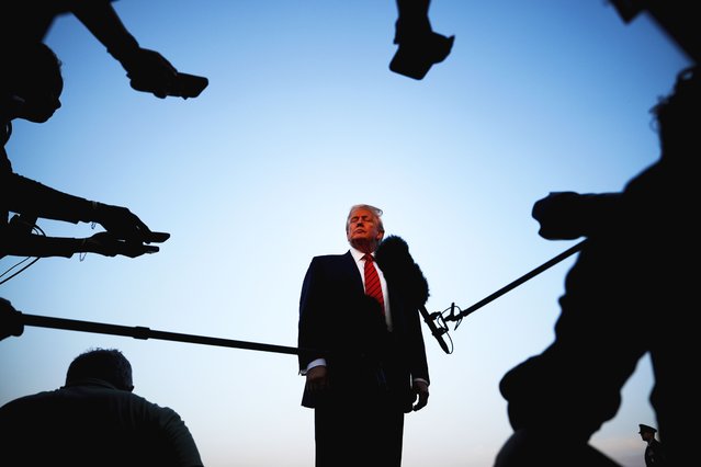 President Donald Trump speaks with reporters before boarding Air Force One at Lehigh Valley International Airport, in Allentown, Pa., August 3, 2025. (Photo by Julia Demaree Nikhinson/AP Photo)
