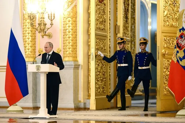 Russian President Vladimir Putin delivers a speech as he attends a ceremony to receive credentials from newly appointed foreign ambassadors to Russia, at the Kremlin, in Moscow, Russia, Wednesday, April 5, 2023. (Photo by Vladimir Astapkovich, Sputnik, Kremlin Pool Photo via AP Photo)