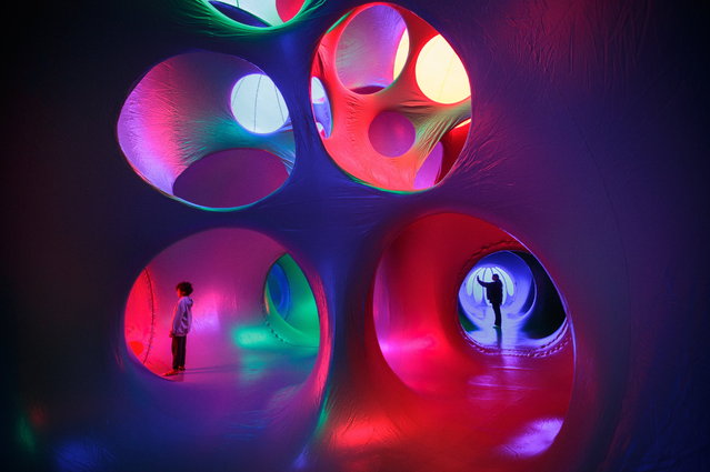 Visitors explore Daedalite, an inflatable labyrinth by Architects of Air inspired by Greek mythology, in Nottingham, UK on October 20, 2025. (Photo by Tom Maddick/South West News Service)
