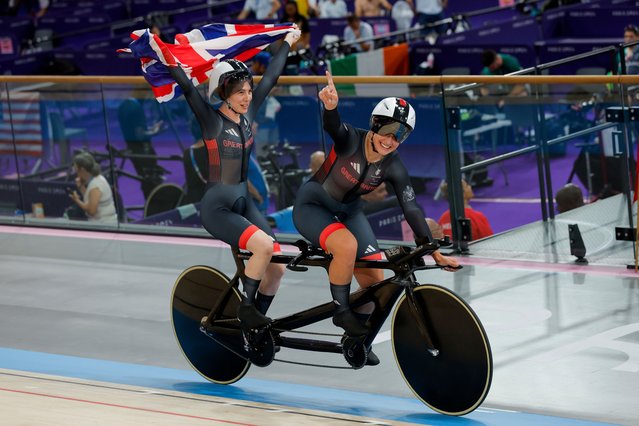 Great Britain's Sophie Unwin and pilot Jenny Holl celebrate winning gold in the Women's B 3000m Individual Pursuit Final at the National Velodrome on day four of the Paris 2024 Summer Paralympic Games. Picture date: Sunday September 1, 2024. (Photo by Tom Jenkins/The Guardian)