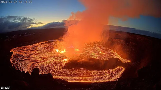 In this webcam image provided by the U.S. Geological Survey, an eruption takes place on the summit of the Kilauea volcano in Hawaii, Wednesday June 7, 2023. Kilauea, the second largest volcano in Hawaii, began erupting Wednesday morning, officials with the U.S. Geological Survey said in a statement. Kilauea, one of the world's most active volcanoes, erupted from Sept. 2021 to Dec 2022. A 2018 Kilauea eruption destroyed more than 700 residences. (Photo by U.S. Geological Survey via AP Photo)