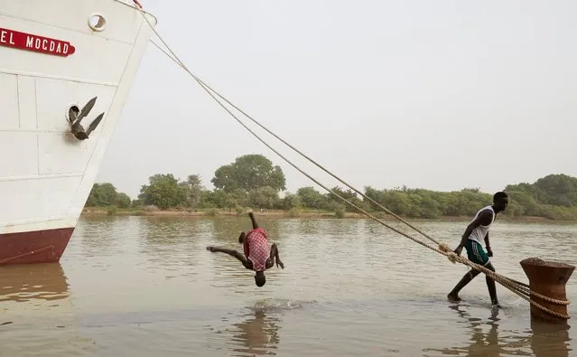 Boys play in the river Fleuve, which forms the border between Senegal and Mauritania, and passes through Guinea and Mali. (Photo by Andy Hall/The Observer)