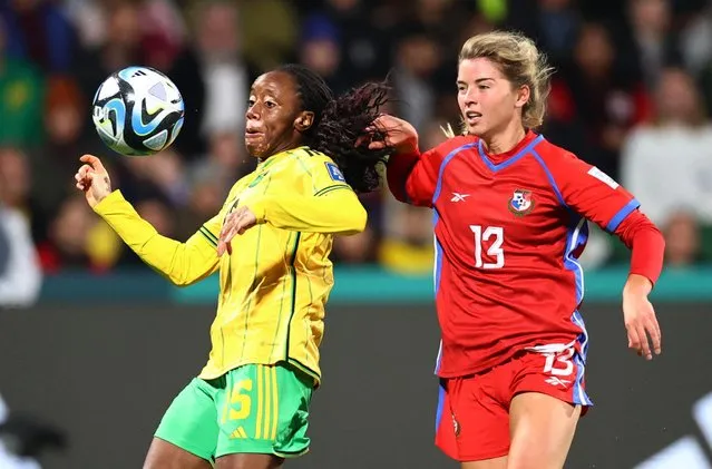 Tiffany Cameron of Jamaica controls the ball against Riley Tanner of Panama during the FIFA Women's World Cup Australia & New Zealand 2023 Group F match between Panama and Jamaica at Perth Rectangular Stadium on July 29, 2023 in Perth, Australia. (Photo by Luisa Gonzalez/Reuters)
