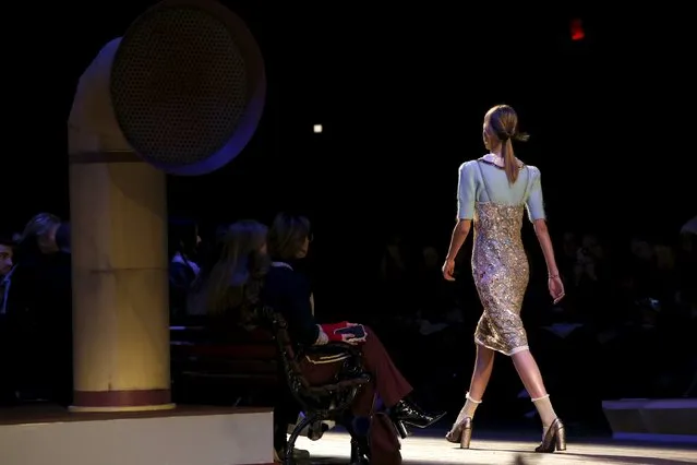 A model presents a creation from the Tommy Hilfiger Fall/Winter 2016 collection during New York Fashion Week February 15, 2016. The show took place on a giant faux ship in the Park Avenue Armory on Manhattan's Upper East Side.  REUTERS/Andrew Kelly 