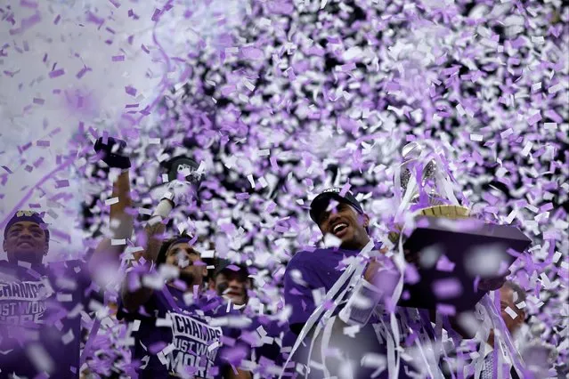 Michael Penix Jr. #9 of the Washington Huskies celebrates after a 37-31 victory against the Texas Longhorns in the CFP Semifinal Allstate Sugar Bowl at Caesars Superdome on January 01, 2024 in New Orleans, Louisiana. (Photo by Chris Graythen/Getty Images)
