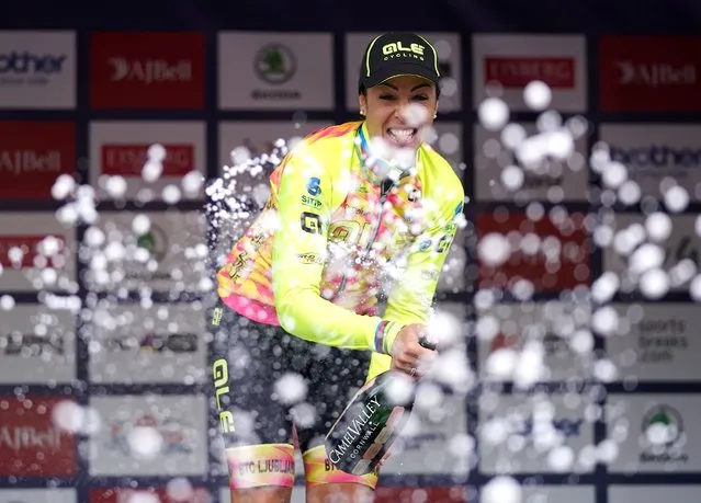 Marta Bastianelli of team Cipollini celebrates winning the first stage of the AJ Bell Women's Tour from Bicester to Banbury, United Kingdom on Monday, October 4, 2021. (Photo by David Davies/PA Images via Getty Images)