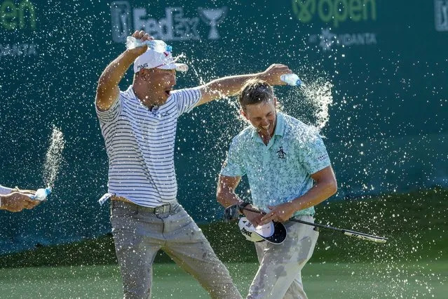 Jake Knapp of the United States is showered with water bottles as he celebrates after winning the Mexico Open golf tournament in Puerto Vallarta, Mexico, Sunday, February 25, 2024. (Photo by Fernando Llano/AP Photo)