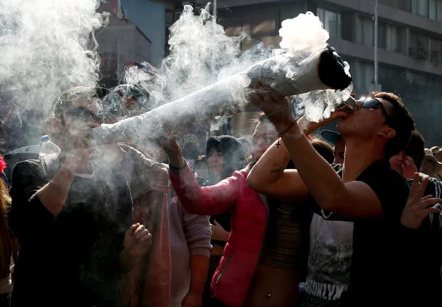 A demonstrator smokes marijuana during a rally called “Cultivate your rights” against drug trafficking and in favor for the legalization of self-cultivation of marijuana for medicinal and recreational purposes in Santiago, Chile on May 18, 2019. (Photo by Rodrigo Garrido/Reuters)
