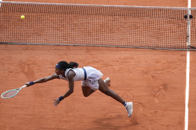 Coco Gauff of the U.S. plays a shot against Tunisia's Ons Jabeur during their quarterfinal match of the French Open tennis tournament at the Roland Garros stadium in Paris, Tuesday, June 4, 2024. (Photo by Thibault Camus/AP Photo)