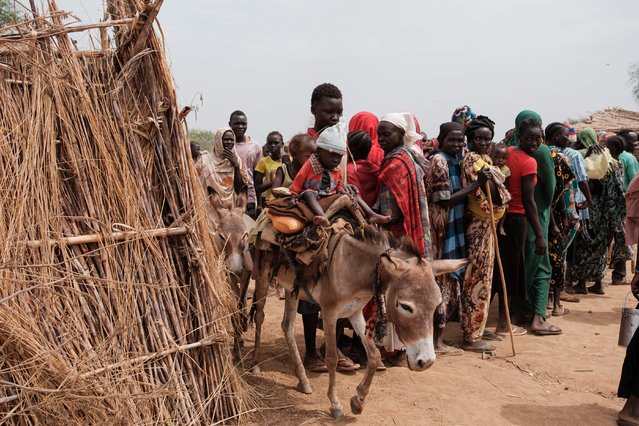 Ali Abdula, 16, guides his donkey carrying his two younger siblings, both suffering from malnutrition, past people lining up to register for aid at a camp for internally displaced persons (IDP) in Agari, North Kordofan, on June 17, 2024. More than 10 million people have been displaced within war-torn Sudan, according to figures released on June 11 by the International Organization for Migration (IOM). Since the war broke out in April 2023 between the Sudanese army and the paramilitary Rapid Support Forces, 7.26 million people have fled their homes, adding to 2.83 million already displaced by previous conflicts, the IOM said. The UN has repeatedly warned that Sudan is facing the world's worst displacement crisis, as the war shows no signs of abating and the spectre of famine haunts the country. (Photo by Guy Peterson/AFP Photo)