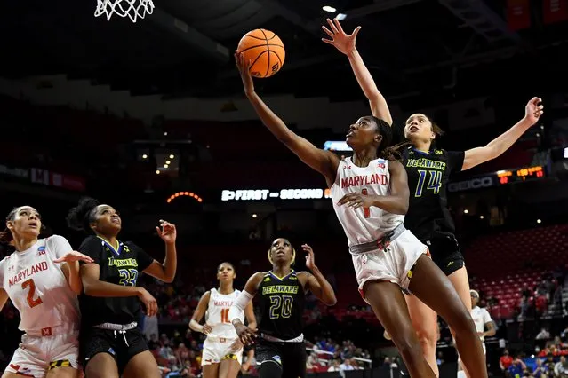 Maryland Terrapins guard Diamond Miller (1) goes up for two ahead of Delaware Blue Hens guard Makayla Pippin (14) in the first quarter at Xfinity Center March 18, 2022 in College Park, MD. (Photo by Katherine Frey/The Washington Post)