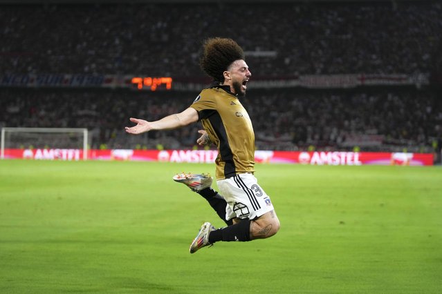 Maximiliano Falcon of Chile's Colo Colo celebrates after scoring his side's second goal against Colombia's Junior during a Copa Libertadores round of sixteen first leg soccer match at the Metropolitano Roberto Melendez stadium in Barranquilla, Colombia, Tuesday, August 20, 2024. (Photo by Fernando Vergara/AP Photo)