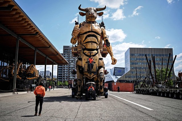 Asterion, a minotaur weighing 47 tons and 13 meters high made by “La Machine” street theatre company, moves through the Montaudran district in Toulouse, southwestern France, guided by a team of machinists on May 17, 202. (Photo by Valentine Chapuis/AFP Photo)