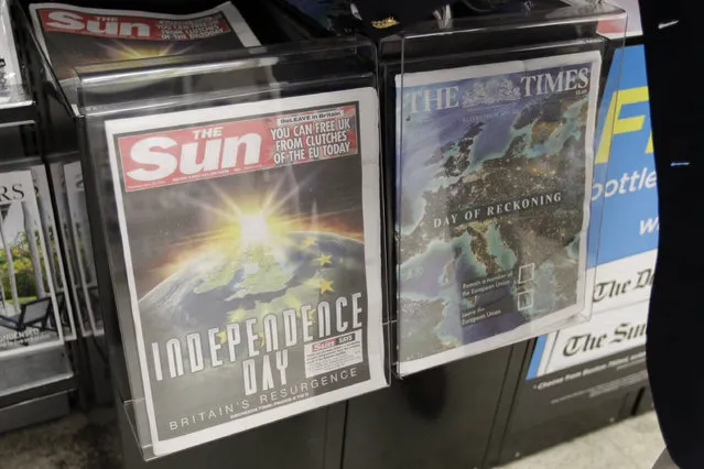 The front pages of the Sun and The Times newspapers reporting on the EU referendum on a news stand in Westminster, London, Thursday, June 23, 2016.Voters in the United Kingdom are taking part in a referendum that will decide whether Britain remains part of the European Union or leaves the 28-nation bloc. (Photo by Tim Ireland/AP Photo)
