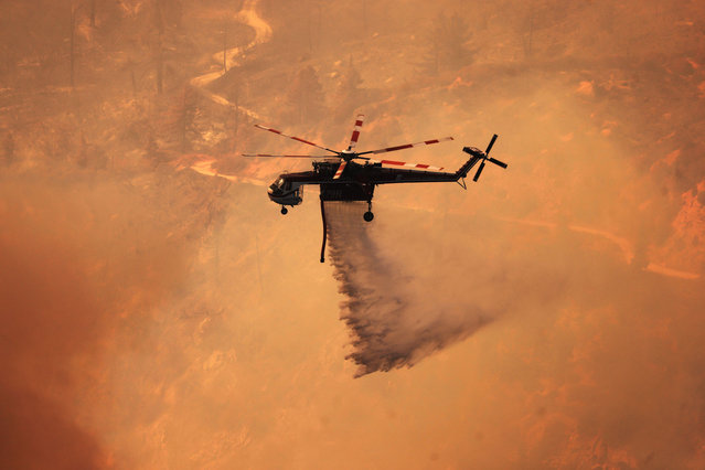 Water is dropped from a helicopter as the Line Fire burns over 43,000 acres near Big Bear Lake in San Bernardino County, California, September 30, 2024. (Photo by David Swanson/AFP Photo)
