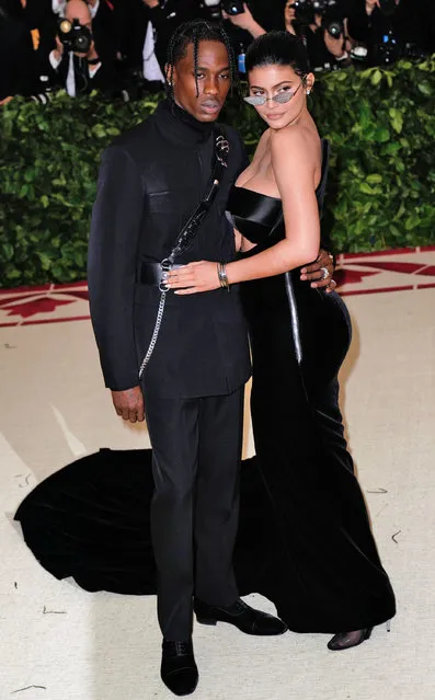 Kylie Jenner and Travis Scott attends Heavenly Bodies: Fashion & The Catholic Imagination Costume Institute Gala at Metropolitan Museum of Art on May 7, 2018 in New York City. (Photo by Jackson Lee/Getty Images)