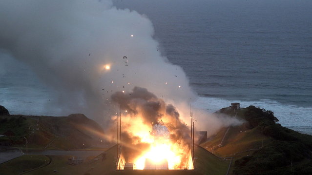 A handout photo made available by JAXA (Japan Aerospace Exploration Agency) shows an explosion during a combustion test of Japan's new Epsilon S solid-fuel rocket at the Tanegashima Space Center, Kagoshima Prefecture, southwestern Japan, 26 November 2024. On 26 November 2024, an explosion and subsequent fire terminated a combustion test of the second-stage engine of Japan's new Epsilon S solid-fuel rocket at the Tanegashima Space Center. (Photo by JAXA/EPA)
