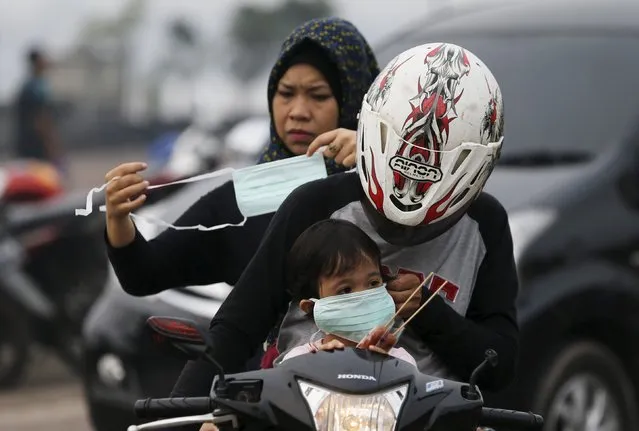 A father adjust a face mask for his child, which serves as protection against the haze, in Palembang, on the Indonesian island of Sumatra, September 20, 2015. (Photo by Reuters/Beawiharta)