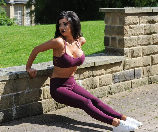 X Factor and Celebrity Big Brother starlet Chloe Khan is seen working up a sweat at her luxury home on August 30, 2016. The CBB star squeezed into a pair of super-tight leggings and a teeny crop top for a very public workout. (Photo by Palace Lee)