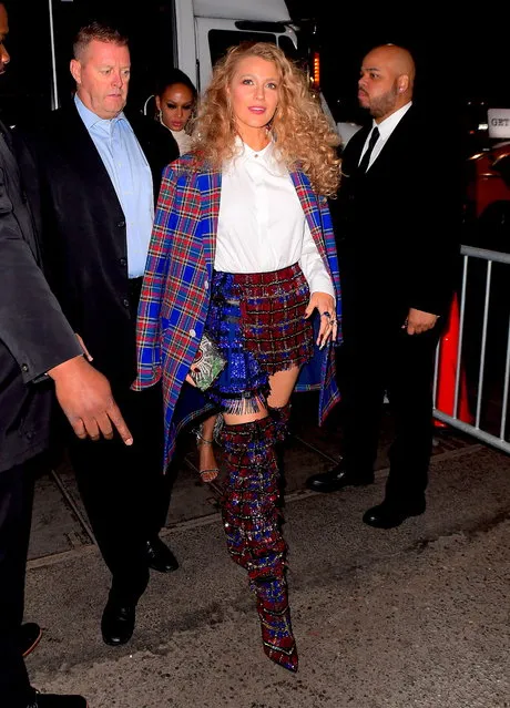Blake Lively was spotted arriving and leaving Rihanna's Met Gala after party, before Rihanna even arrived on May 08, 2018. Blake spent a total of 10 minutes inside the party at Up and Down Nightclub, and didn't stick around to see the host. She turned heads in a stunning Tartan ensemble with a mini skirt, matching knee high boots and a blue tartan jacket over her shoulders. (Photo by 247PAPS.TV/Splash News and Pictures)