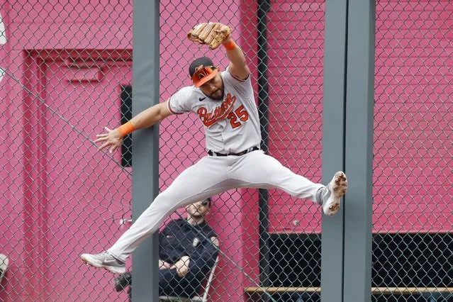 Baltimore Orioles right fielder Anthony Santander runs into a fence as he unsuccessfully tries to catch a two-run home run by Kansas City Royals' Salvador Perez during the third inning of a baseball game in Kansas City, Mo., Thursday, May 4, 2023. (Photo by Colin E. Braley/AP Photo)