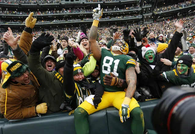 Green Bay Packers tight end Andrew Quarless celebrates a touchdown with fans during the first half of an NFL divisional playoff football game against the Dallas Cowboys Sunday, January 11, 2015, in Green Bay, Wis. (Photo by Matt Ludtke/AP Photo)