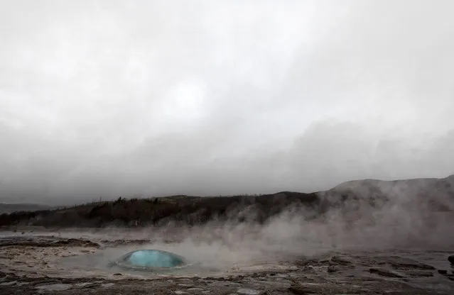 “Erupting Geyser, Iceland”. This is Strokkur, the (now) main erupting geyser on the geyser fields in Iceland, and this is just milliseconds before the boiling water explodes into the air under the subsurface temperature and pressure. It erupts roughly every 5 minutes and can reach as high as 40 meters. The subsurface temperature of the water is around 120 degrees celcius, but at those pressures it doesn't boil until it rises towards to surface which is what creates the eruption. Location: Strokkur, East of Reykjavik, Iceland. (Photo and caption by Jemma Lambert/National Geographic Traveler Photo Contest)