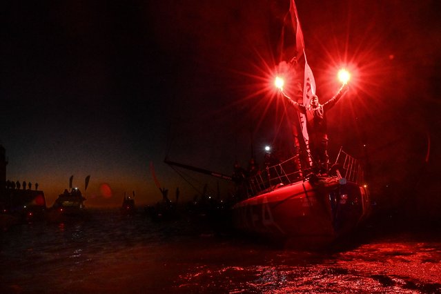 French skipper Yoann Richomme, on his Imoca 60 monohull Paprec Arkea, enters the channel to finish in second place in the 10th edition of the Vendee Globe around the world monohull solo sailing race in Les Sables-d'Olonne, western France, on January 15, 2025. (Photo by Sebastien Salom-Gomis/AFP Photo)