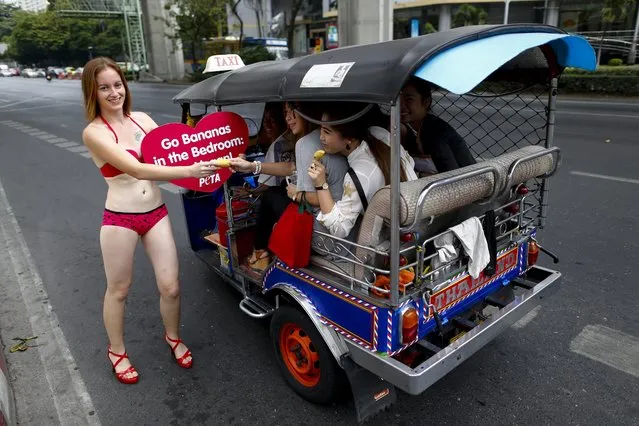 An animal rights activist from People for the Ethical Treatment of Animals (PETA) hands out bananas to motorists at an intersection in Bangkok, Thailand, 12 February 2015. (Photo by Diego Azubel/EPA)