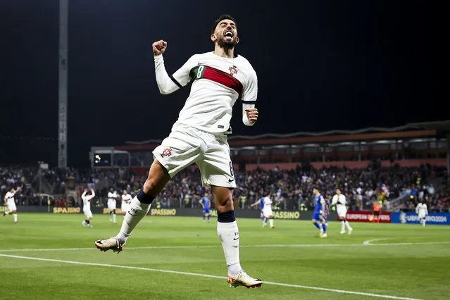Portugal national team soccer player Bruno Fernandes celebrates a goal during the UEFA EURO 2024 group J qualifying soccer match between  Bosnia & Herzegovina and Portugal in Zenica, Bosnia and Hercegovina, 16 October 2023. (Photo by Jose Sena Goulao/EPA)