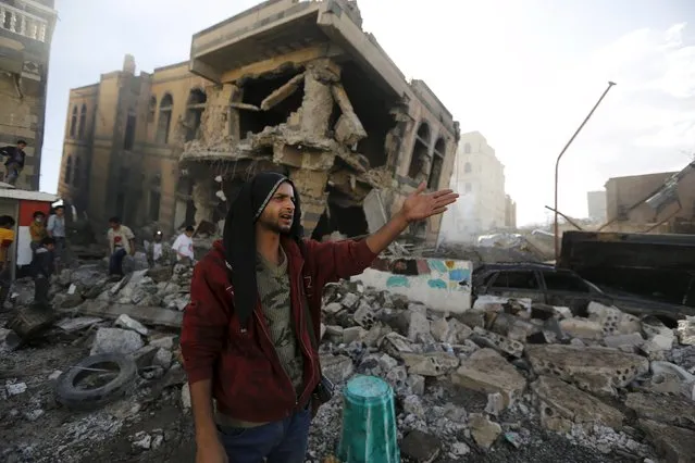 A man reacts at the site of a Saudi-led air strike in Yemen's capital Sanaa, February 10, 2016. (Photo by Khaled Abdullah/Reuters)