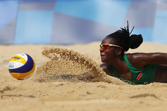 Gaudencia Makokha #1 of Team Kenya attempts to dive for the ball against Team United States during the Women's Preliminary - Pool D beach volleyball on day six of the Tokyo 2020 Olympic Games at Shiokaze Park on July 29, 2021 in Tokyo, Japan. (Photo by Sean M. Haffey/Getty Images)