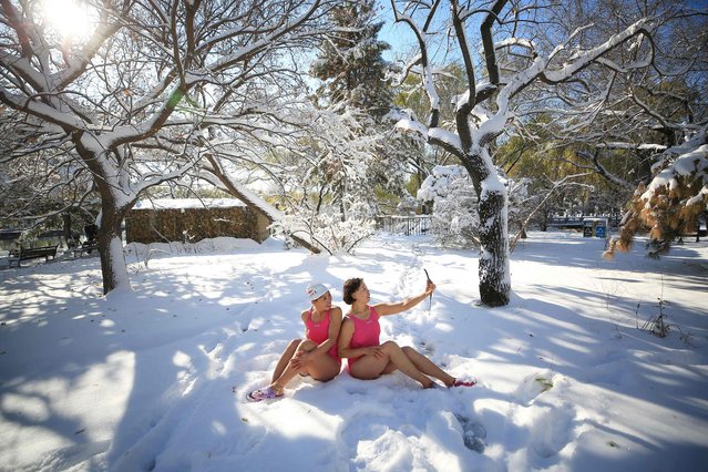 This photo taken on November 7, 2023 shows winter swimming enthusiasts taking photos at Beiling Park after snowfall in Shenyang, in China's northeastern Liaoning province. (Photo by AFP Photo/China Stringer Network)