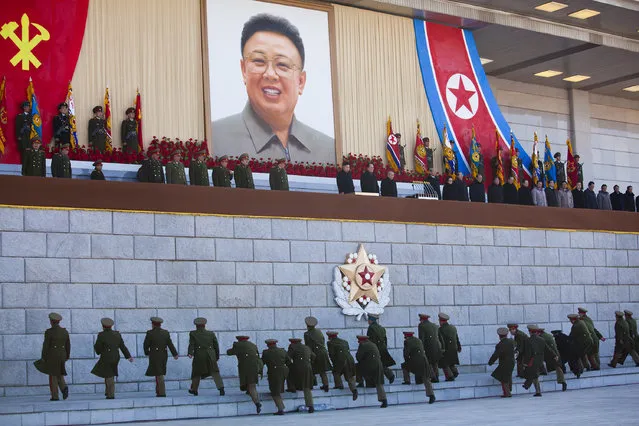 “North Korea: Life in the Cult of Kim”. Long-Term Projects, third prize stories. David Guttenfelder, USA, AP. Senior military members approach an area where new North Korean leader Kim Jong Un and other military and political leaders stand before commemorating the 70th birthday of the late Kim Jong Il at Kumsusan Memorial Palace in Pyongyang, North Korea, February 16, 2012. (Photo by David Guttenfelder/World Press Photo Contest)