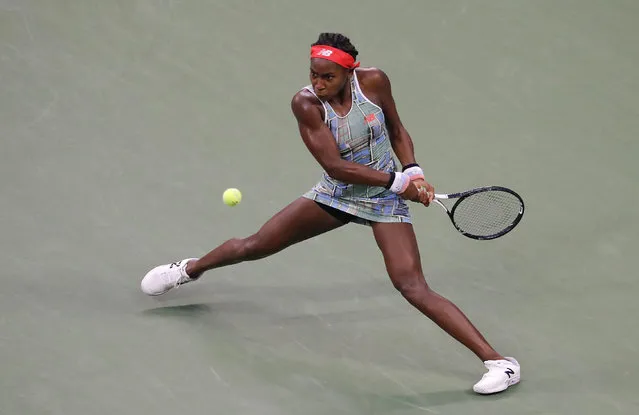 Coco Gauff, of the United States, returns a shot to Anastasia Potapova, of Russia, during the first round of the US Open tennis tournament Tuesday, August 27, 2019, in New York. (Photo by Julie Jacobson/AP Photo)