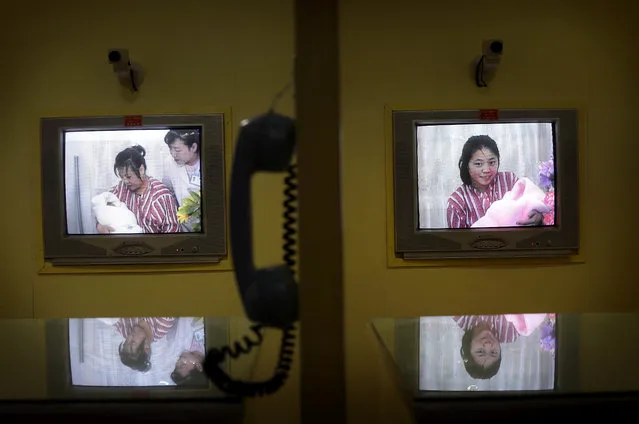 Mothers with their newborn babies are seen on a television screen of a video conference station, used to separate and protect mothers and newborns from visitors' germs, at Pyongyang Maternity Hospital during a press tour on Saturday, May 7, 2016 in Pyongyang, North Korea. (Photo by Wong Maye-E/AP Photo)