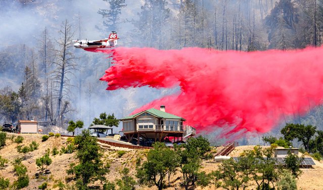 An air tanker drops fire retardant over a house during the Toll fire in Calistoga, California on July 2, 2024. A heatwave is sending temperatures soaring resulting in red flag fire warnings throughout the state. (Photo by Josh Edelson/AFP Photo)