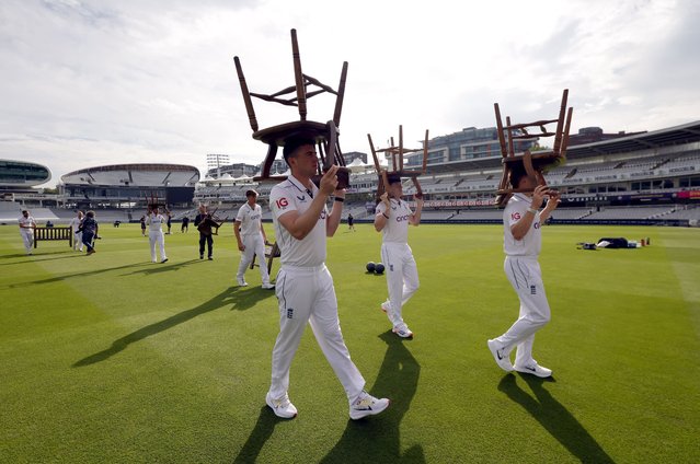 England's Dan Lawrence and Matthew Potts (centre) ahead of a nets session at Lord's, London on Wednesday, August 28, 2024. (Photo by Steven Paston/PA Wire Press Association)